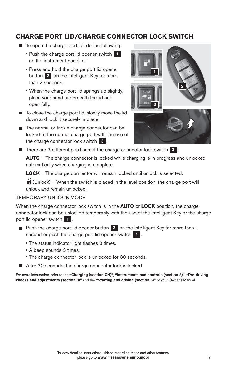 Charge port lid/charge connector lock switch | NISSAN 2015 LEAF - Quick Reference Guide User Manual | Page 10 / 28