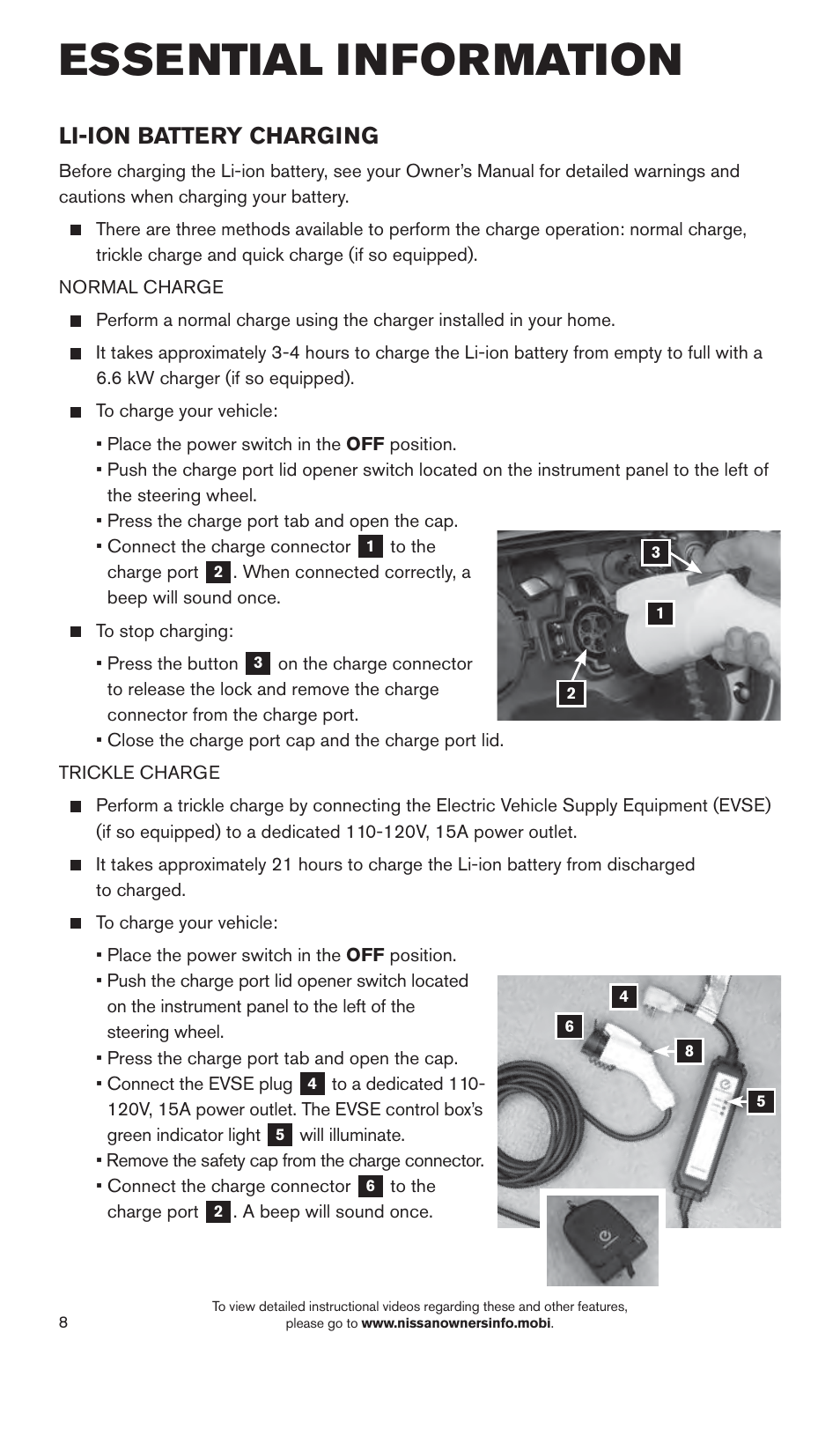 Essential information, Li-ion battery charging | NISSAN 2015 LEAF - Quick Reference Guide User Manual | Page 11 / 28