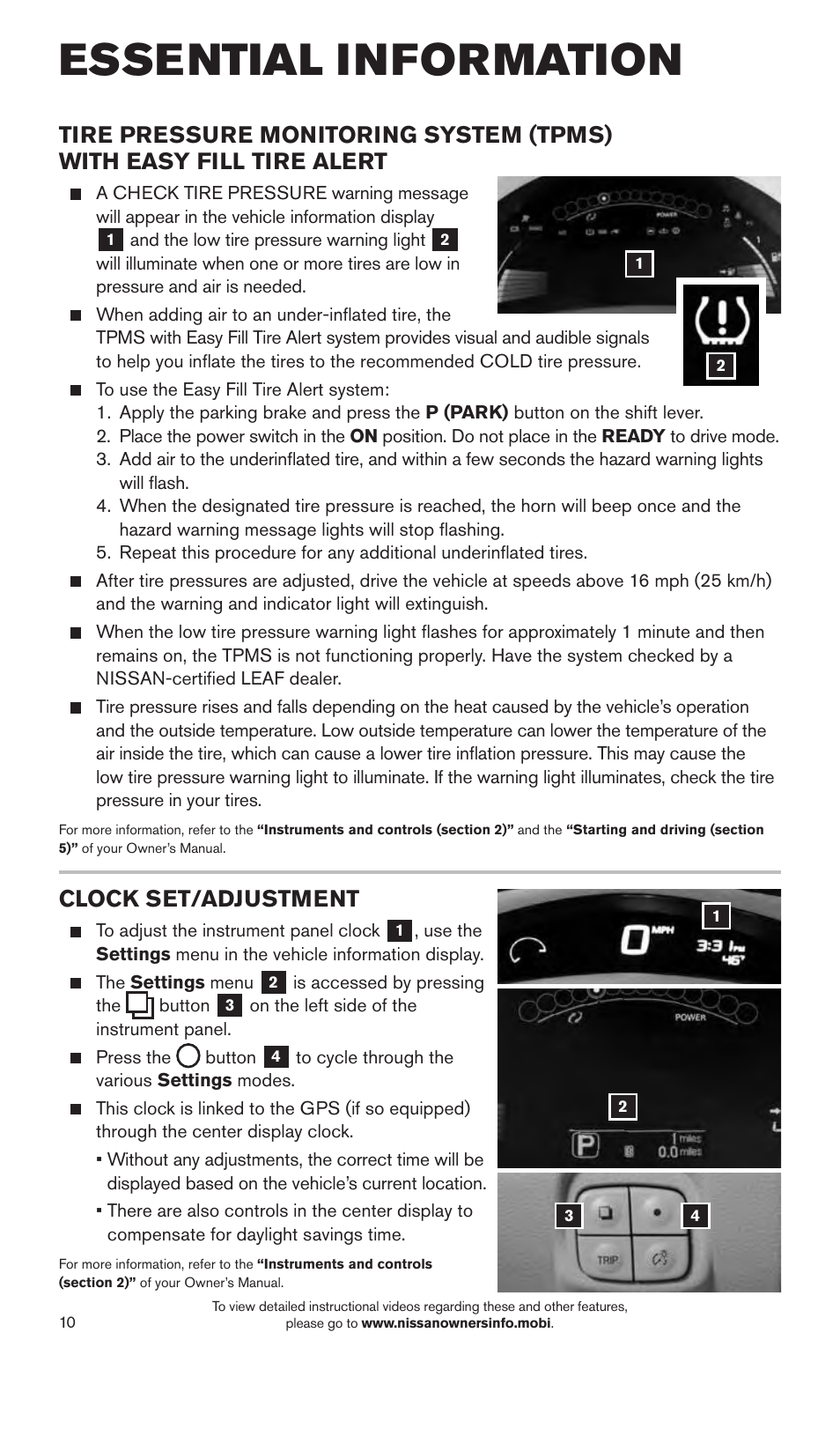 Essential information, Clock set/adjustment | NISSAN 2015 LEAF - Quick Reference Guide User Manual | Page 13 / 28