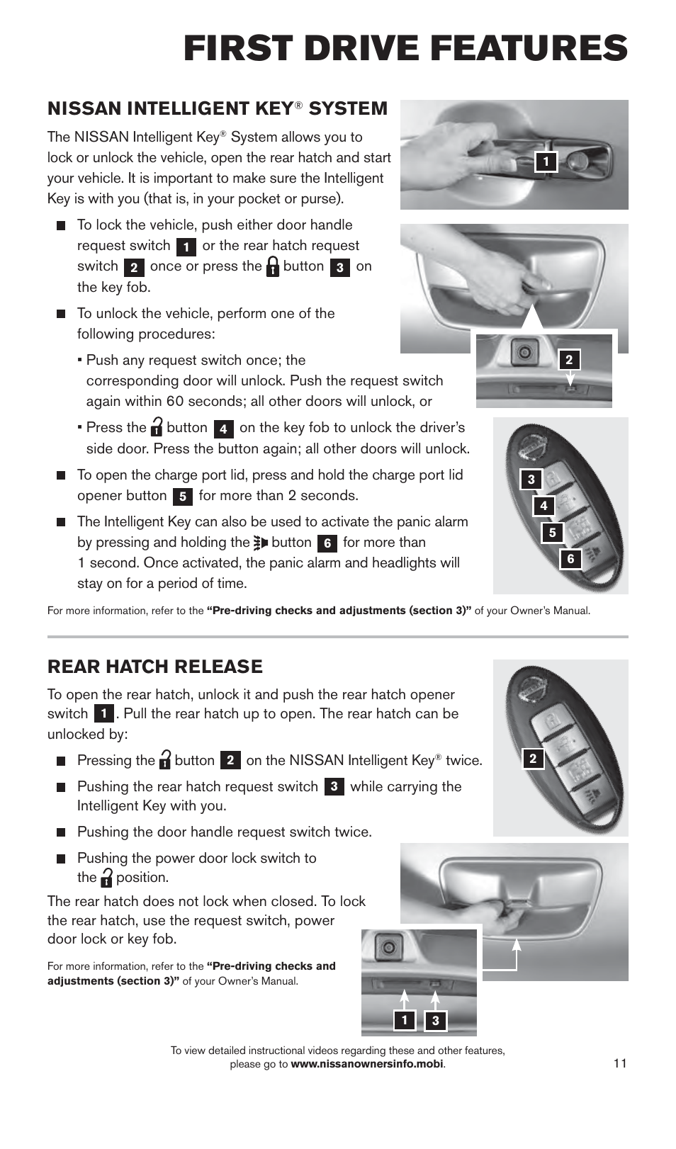 First drive features, Rear hatch release, Nissan intelligent key | System | NISSAN 2015 LEAF - Quick Reference Guide User Manual | Page 14 / 28