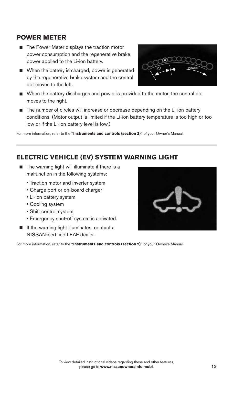 Power meter, Electric vehicle (ev) system warning light | NISSAN 2015 LEAF - Quick Reference Guide User Manual | Page 16 / 28