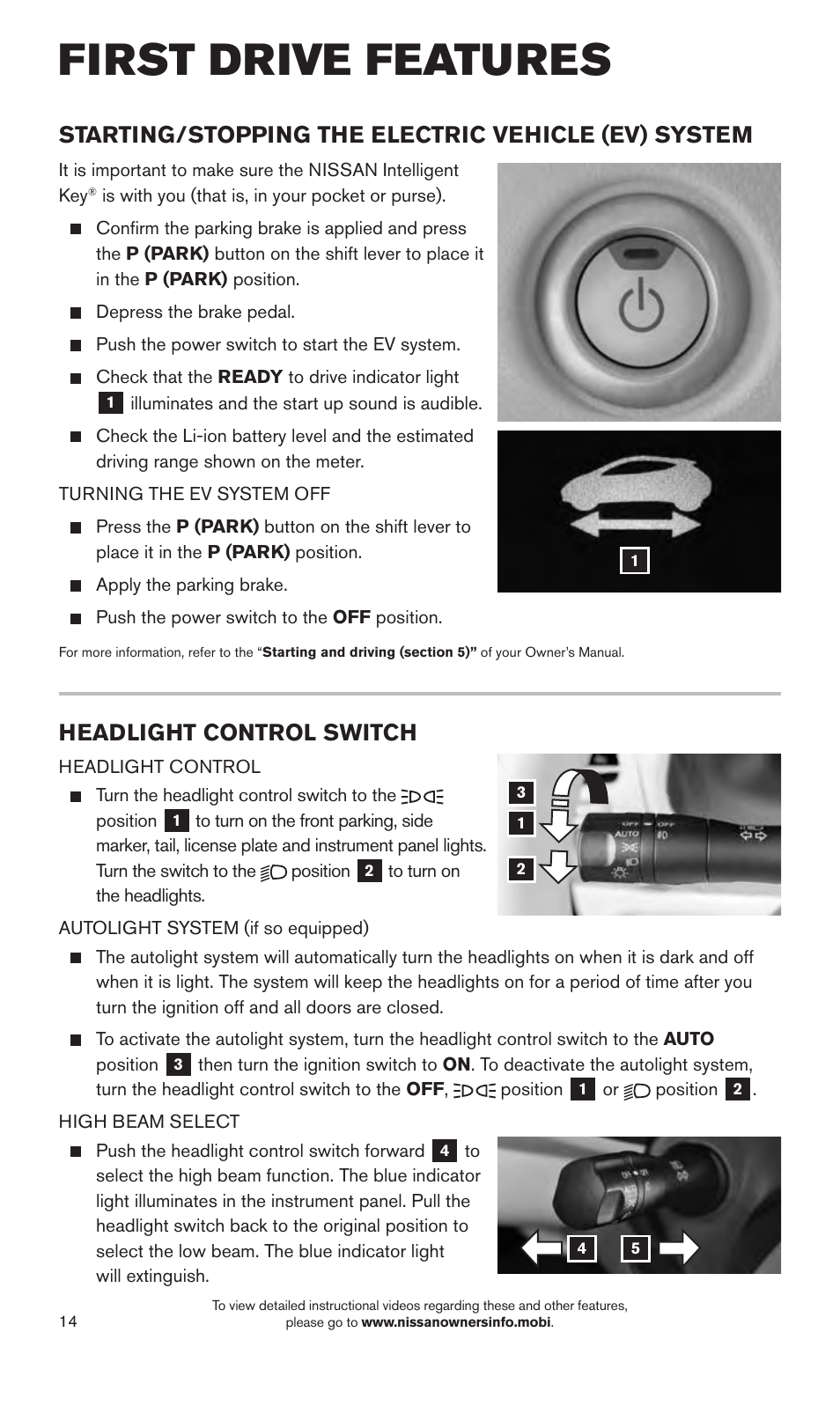First drive features, Headlight control switch, Starting/stopping the electric vehicle (ev) system | NISSAN 2015 LEAF - Quick Reference Guide User Manual | Page 17 / 28