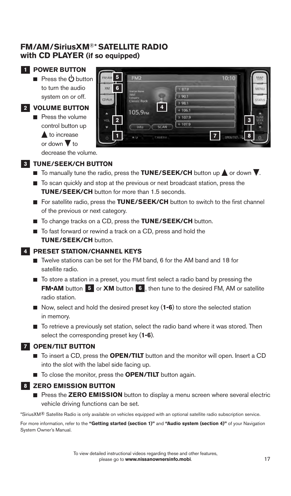 Fm/am/siriusxm, Satellite radio with cd player | NISSAN 2015 LEAF - Quick Reference Guide User Manual | Page 20 / 28