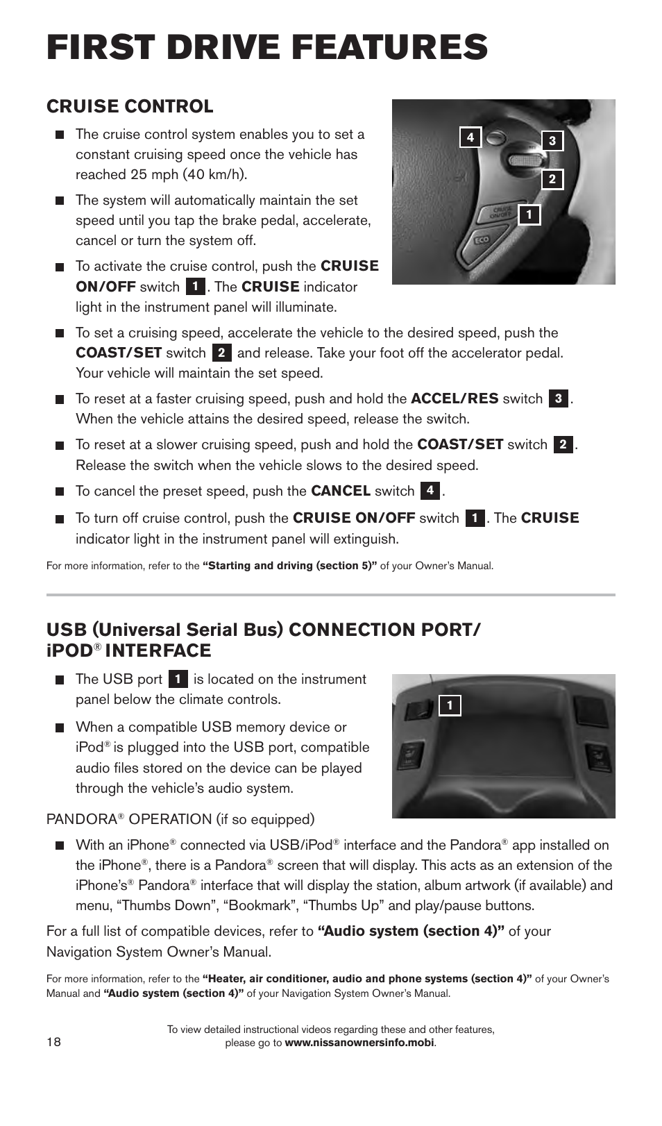 First drive features, Cruise control, Usb (universal serial bus) connection port/ ipod | Interface | NISSAN 2015 LEAF - Quick Reference Guide User Manual | Page 21 / 28