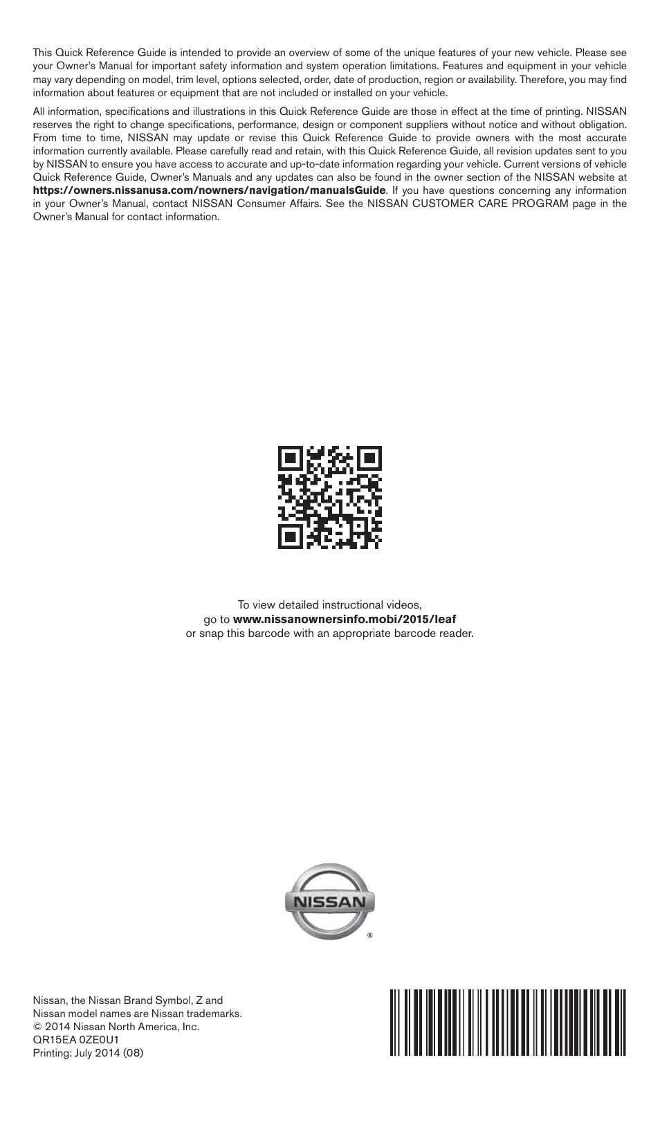 NISSAN 2015 LEAF - Quick Reference Guide User Manual | Page 28 / 28