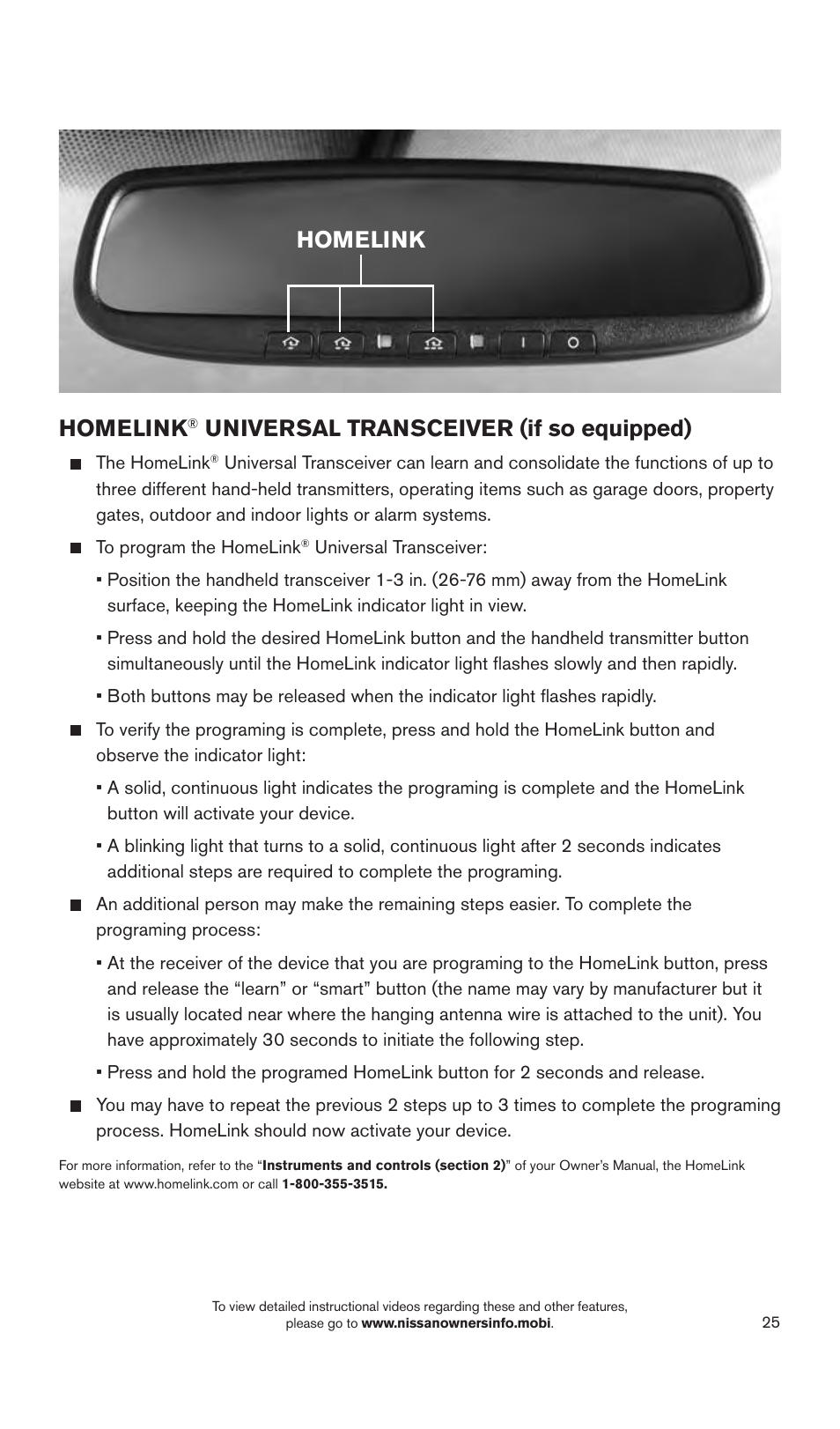 Homelink, Universal transceiver (if so equipped) | NISSAN 2015 LEAF - Quick Reference Guide User Manual | Page 3 / 28