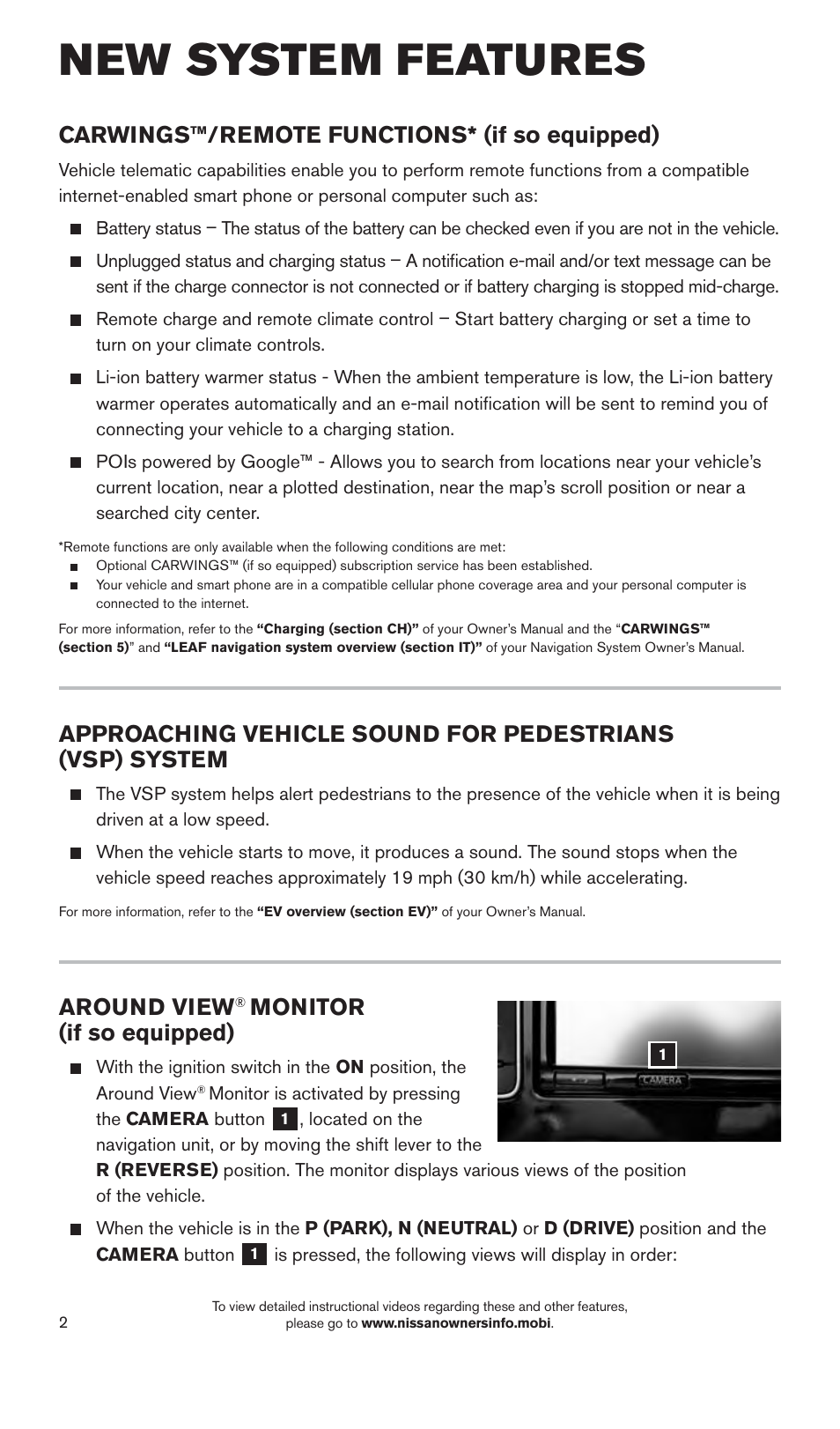 New system features, Around view, Monitor (if so equipped) | Carwings™/remote functions* (if so equipped) | NISSAN 2015 LEAF - Quick Reference Guide User Manual | Page 5 / 28