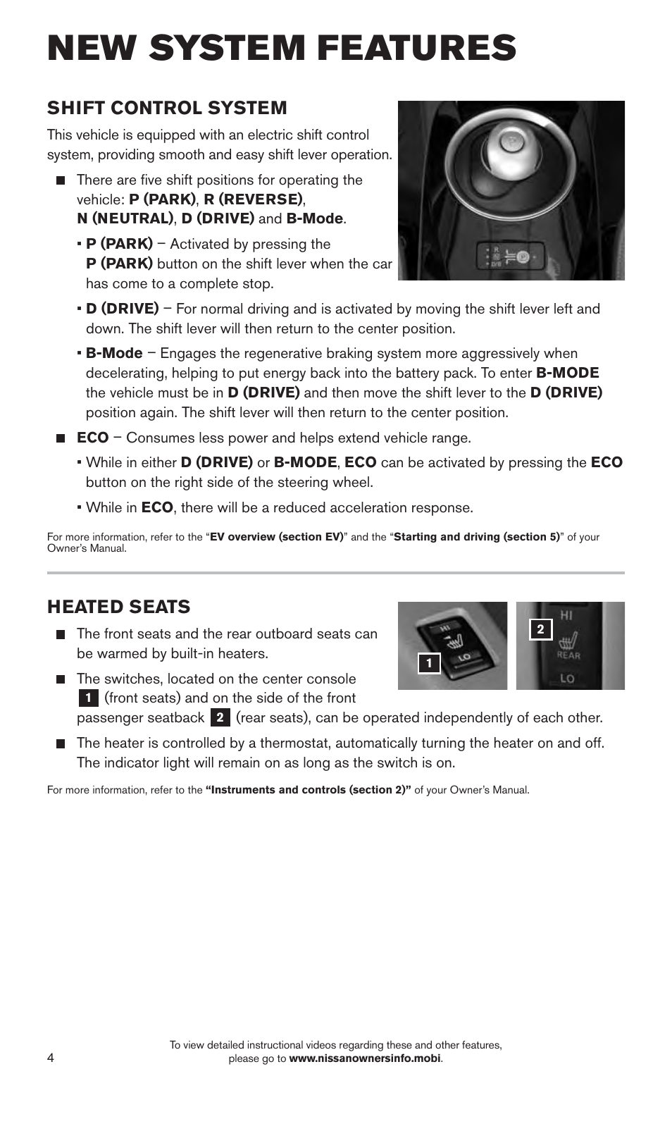 New system features, Shift control system, Heated seats | NISSAN 2015 LEAF - Quick Reference Guide User Manual | Page 7 / 28