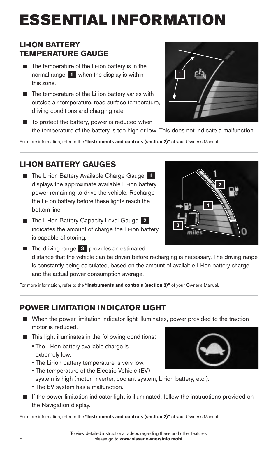 Essential information, Power limitation indicator light, Li-ion battery temperature gauge | Li-ion battery gauges | NISSAN 2015 LEAF - Quick Reference Guide User Manual | Page 9 / 28