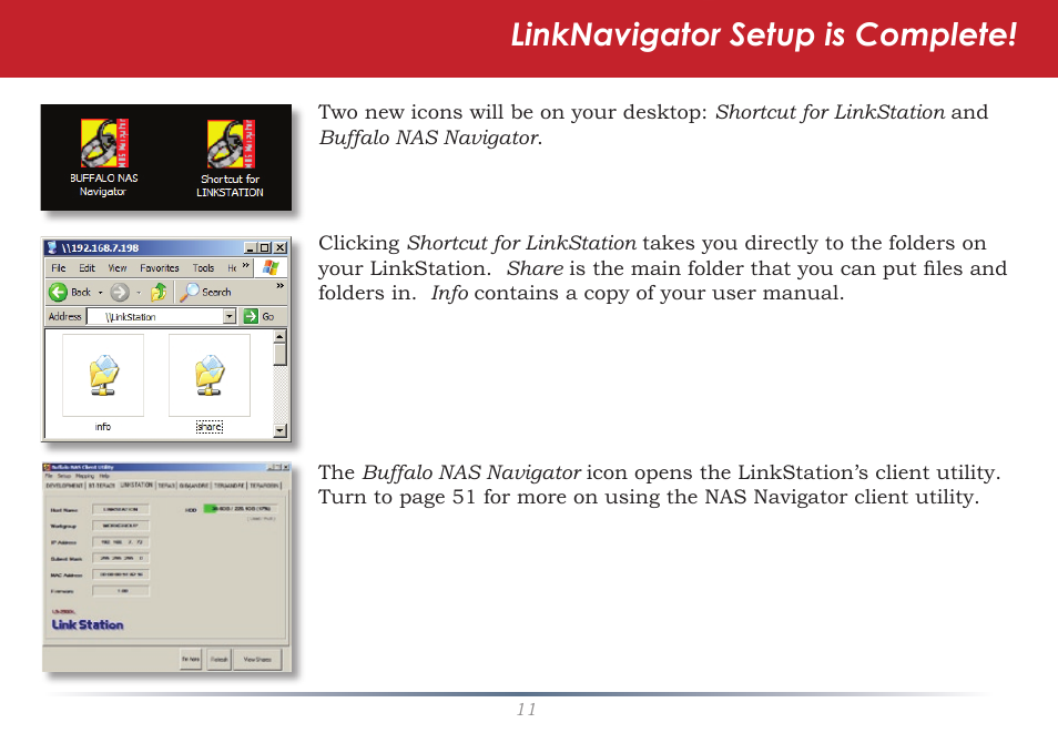 Linknavigator setup is complete | Buffalo Technology LinkStation Pro Shared Network Storage User Manual | Page 11 / 59