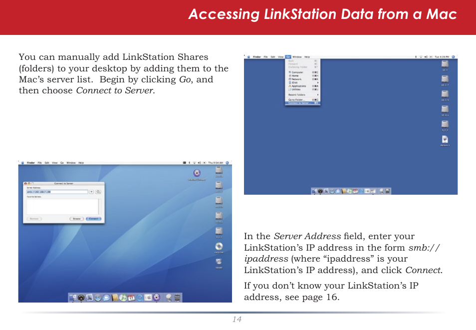 Accessing linkstation data from a mac | Buffalo Technology LinkStation Pro Shared Network Storage User Manual | Page 14 / 59