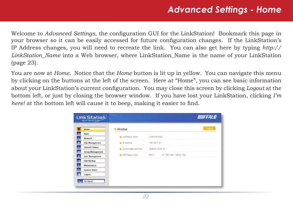 Advanced settings - home | Buffalo Technology LinkStation Pro Shared Network Storage User Manual | Page 22 / 59