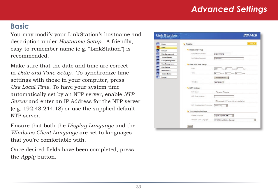 Advanced settings, Basic | Buffalo Technology LinkStation Pro Shared Network Storage User Manual | Page 23 / 59