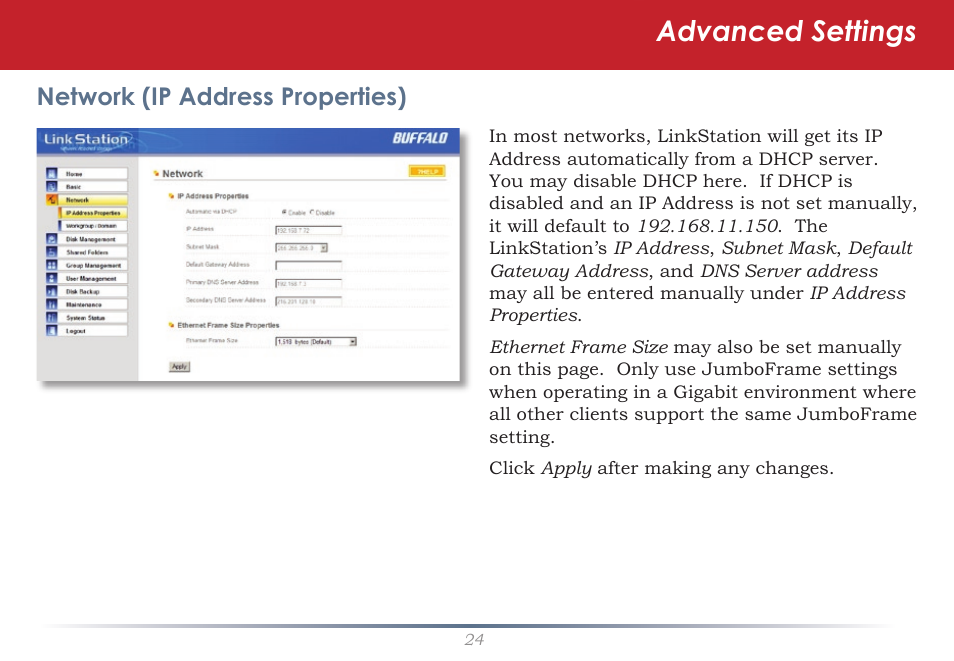 Advanced settings, Network (ip address properties) | Buffalo Technology LinkStation Pro Shared Network Storage User Manual | Page 24 / 59