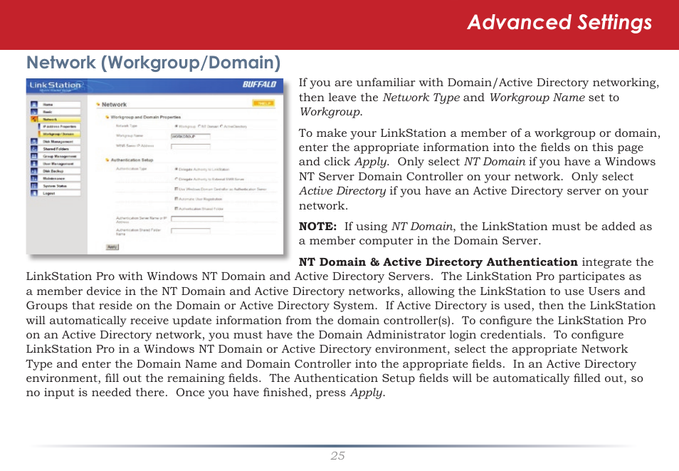 Advanced settings, Network (workgroup/domain) | Buffalo Technology LinkStation Pro Shared Network Storage User Manual | Page 25 / 59