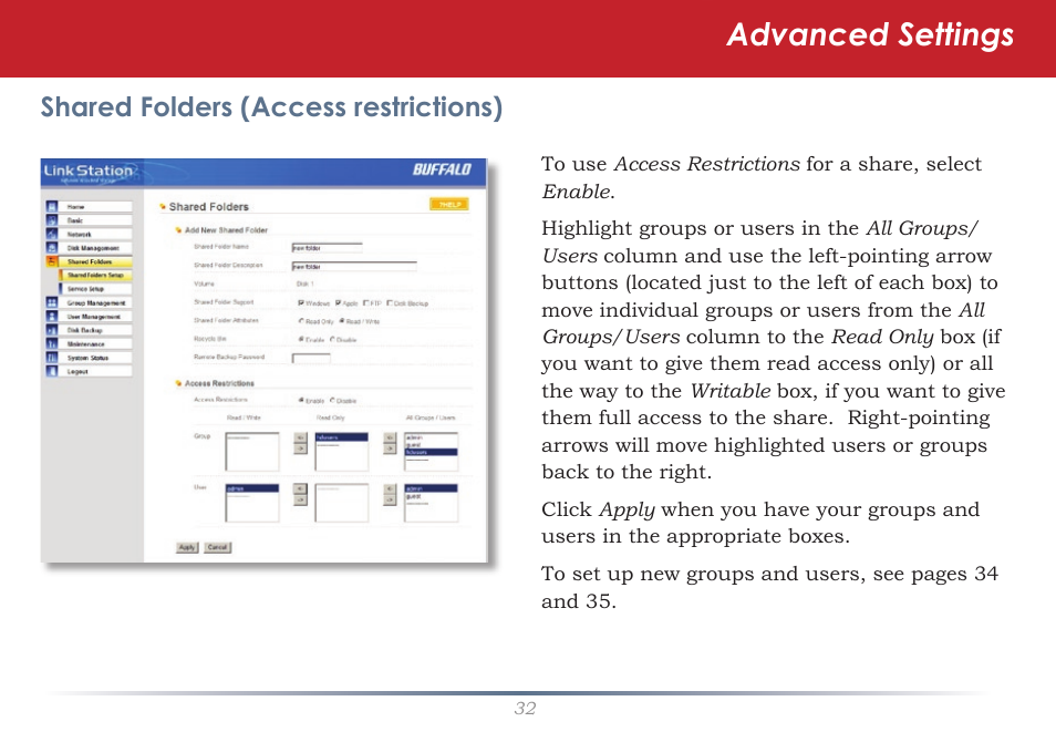 Advanced settings, Shared folders (access restrictions) | Buffalo Technology LinkStation Pro Shared Network Storage User Manual | Page 32 / 59