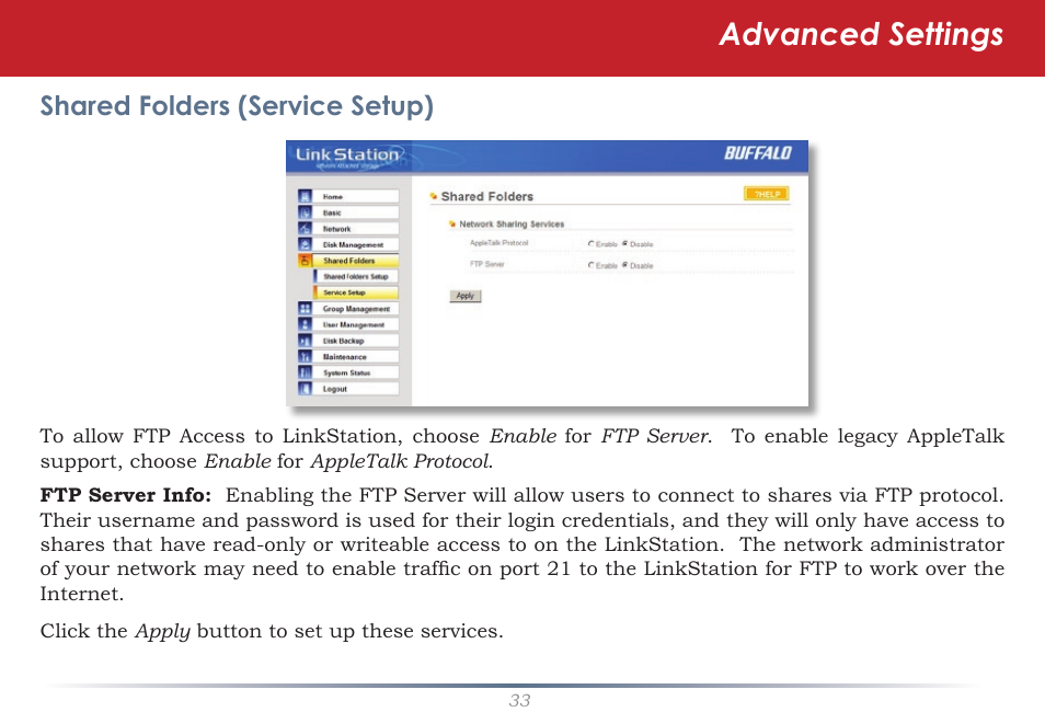 Advanced settings, Shared folders (service setup) | Buffalo Technology LinkStation Pro Shared Network Storage User Manual | Page 33 / 59
