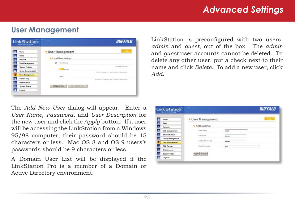 Advanced settings, User management | Buffalo Technology LinkStation Pro Shared Network Storage User Manual | Page 35 / 59