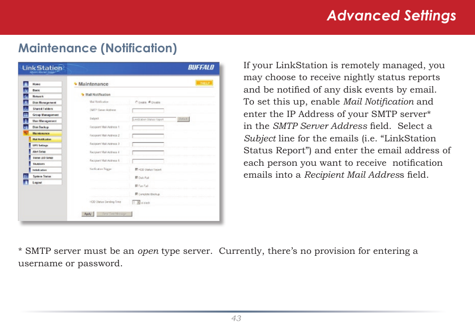 Advanced settings, Maintenance (notification) | Buffalo Technology LinkStation Pro Shared Network Storage User Manual | Page 43 / 59