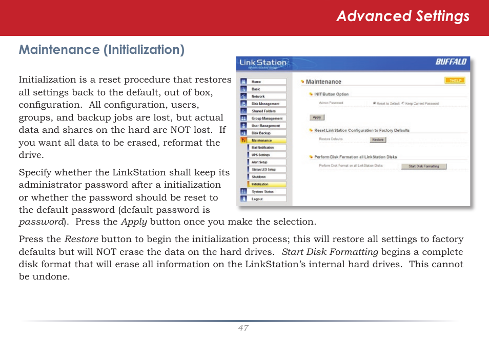 Advanced settings | Buffalo Technology LinkStation Pro Shared Network Storage User Manual | Page 47 / 59