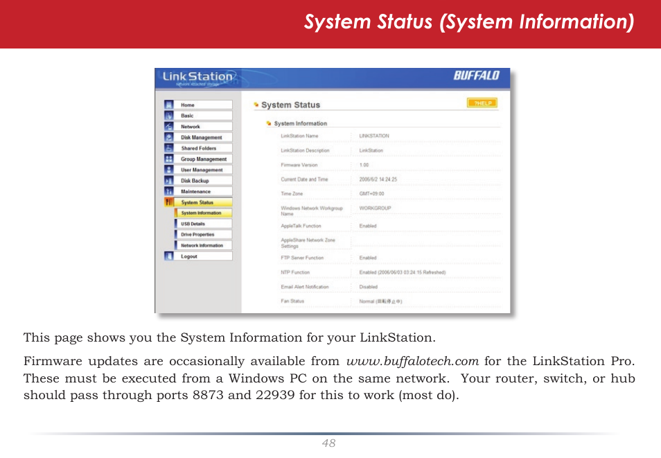System status (system information) | Buffalo Technology LinkStation Pro Shared Network Storage User Manual | Page 48 / 59