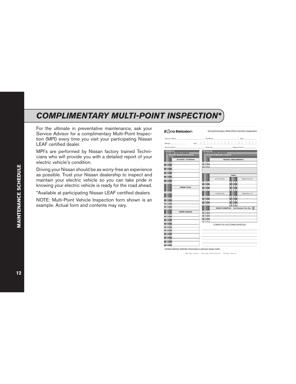 Complimentary multi-point inspection | NISSAN 2015 LEAF - Service & Maintenance Guide User Manual | Page 14 / 42