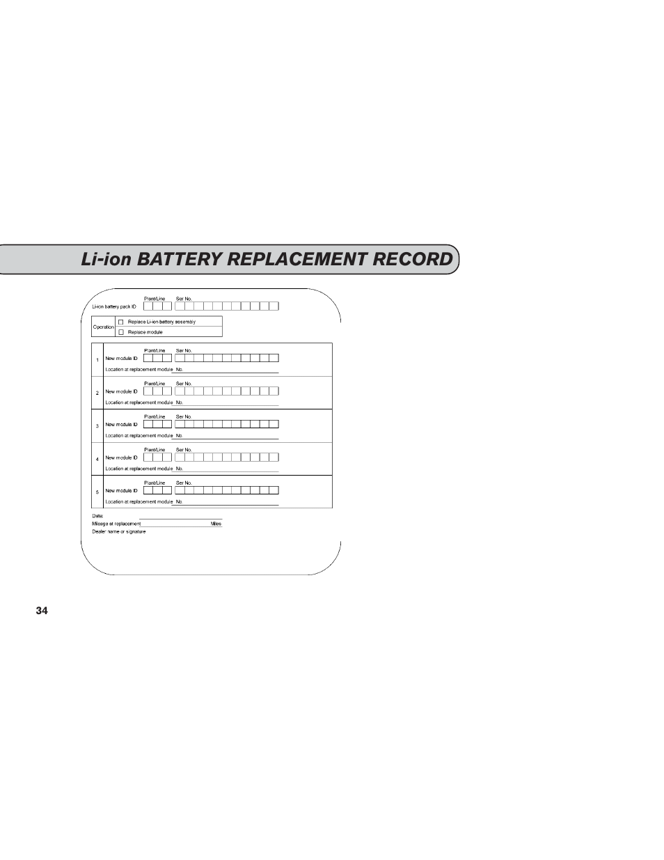 Li-ion battery replacement record | NISSAN 2015 LEAF - Service & Maintenance Guide User Manual | Page 36 / 42