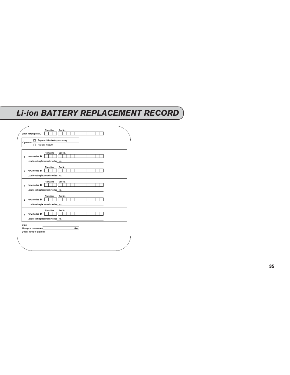 Li-ion battery replacement record | NISSAN 2015 LEAF - Service & Maintenance Guide User Manual | Page 37 / 42