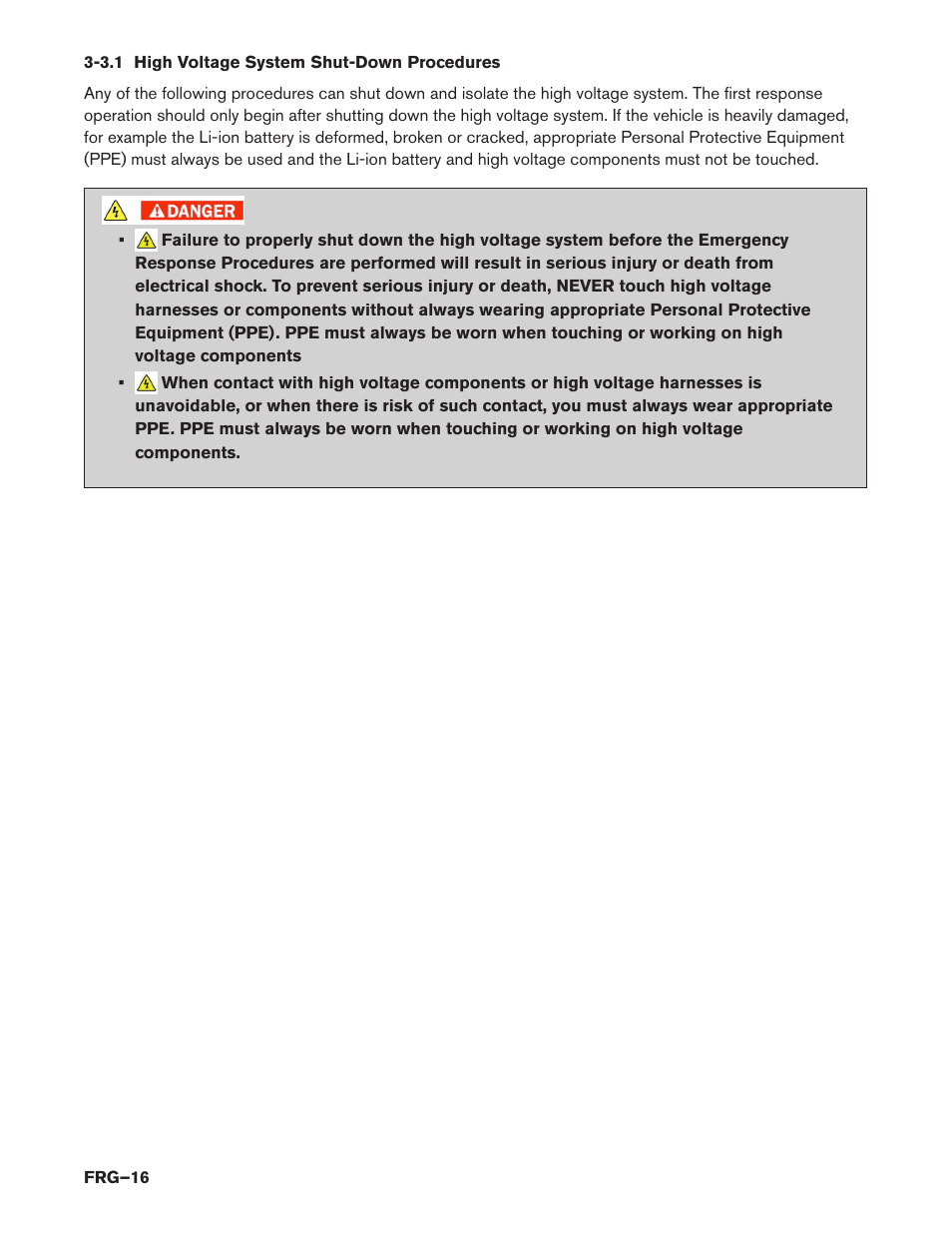 3.1 high voltage system shut-down procedures, 3.1 high voltage system shut-down, Procedures (frg–16) | NISSAN 2015 LEAF - First Responder's Guide User Manual | Page 16 / 40