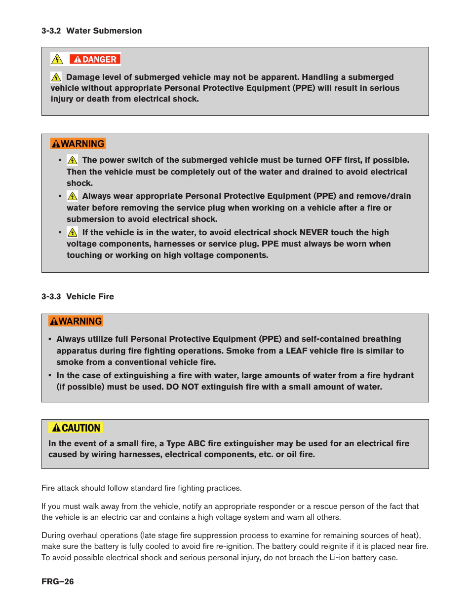 3.2 water submersion, 3.3 vehicle fire | NISSAN 2015 LEAF - First Responder's Guide User Manual | Page 26 / 40