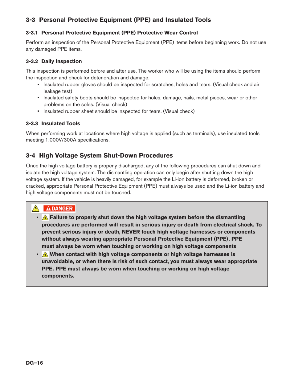 3.2 daily inspection, 3.3 insulated tools, 4 high voltage system shut-down procedures | 4 high voltage system shut-down, Procedures (dg–16) | NISSAN 2015 LEAF - Dismantling Guide User Manual | Page 16 / 45