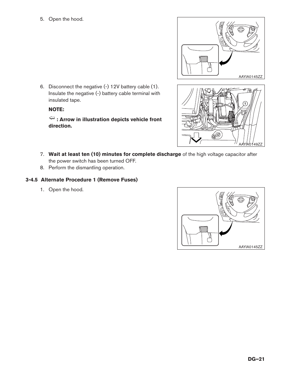 4.5 alternate procedure 1 (remove fuses), 4.5 alternate procedure 1 (remove fuses) (dg–21), Dg–21) | NISSAN 2015 LEAF - Dismantling Guide User Manual | Page 21 / 45