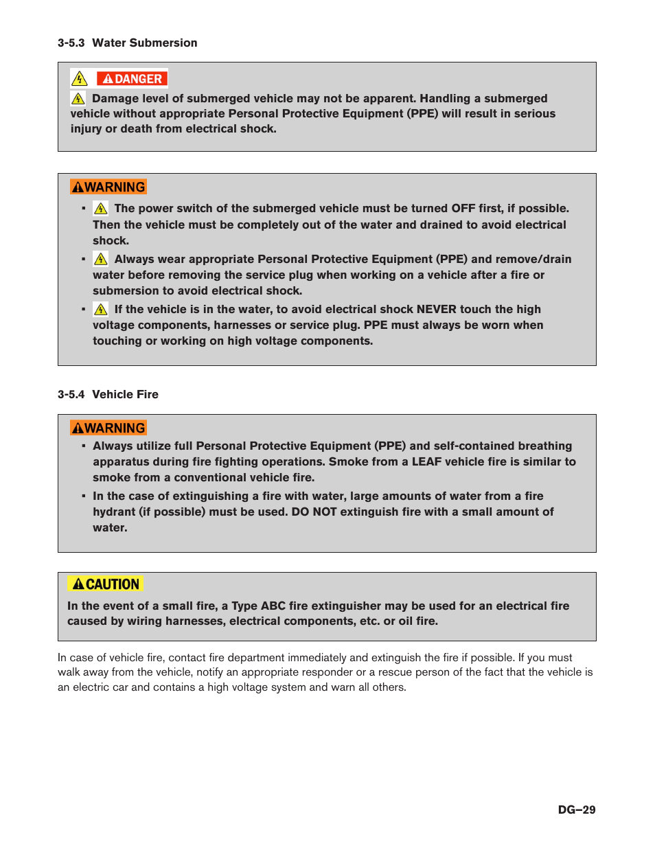 5.3 water submersion, 5.4 vehicle fire | NISSAN 2015 LEAF - Dismantling Guide User Manual | Page 29 / 45