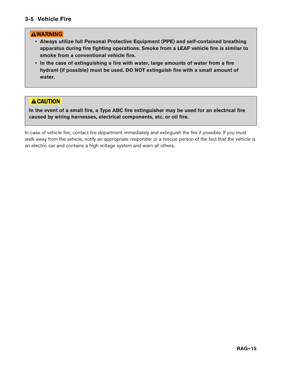 5 vehicle fire | NISSAN 2015 LEAF - Roadside Assistance Guide User Manual | Page 15 / 39