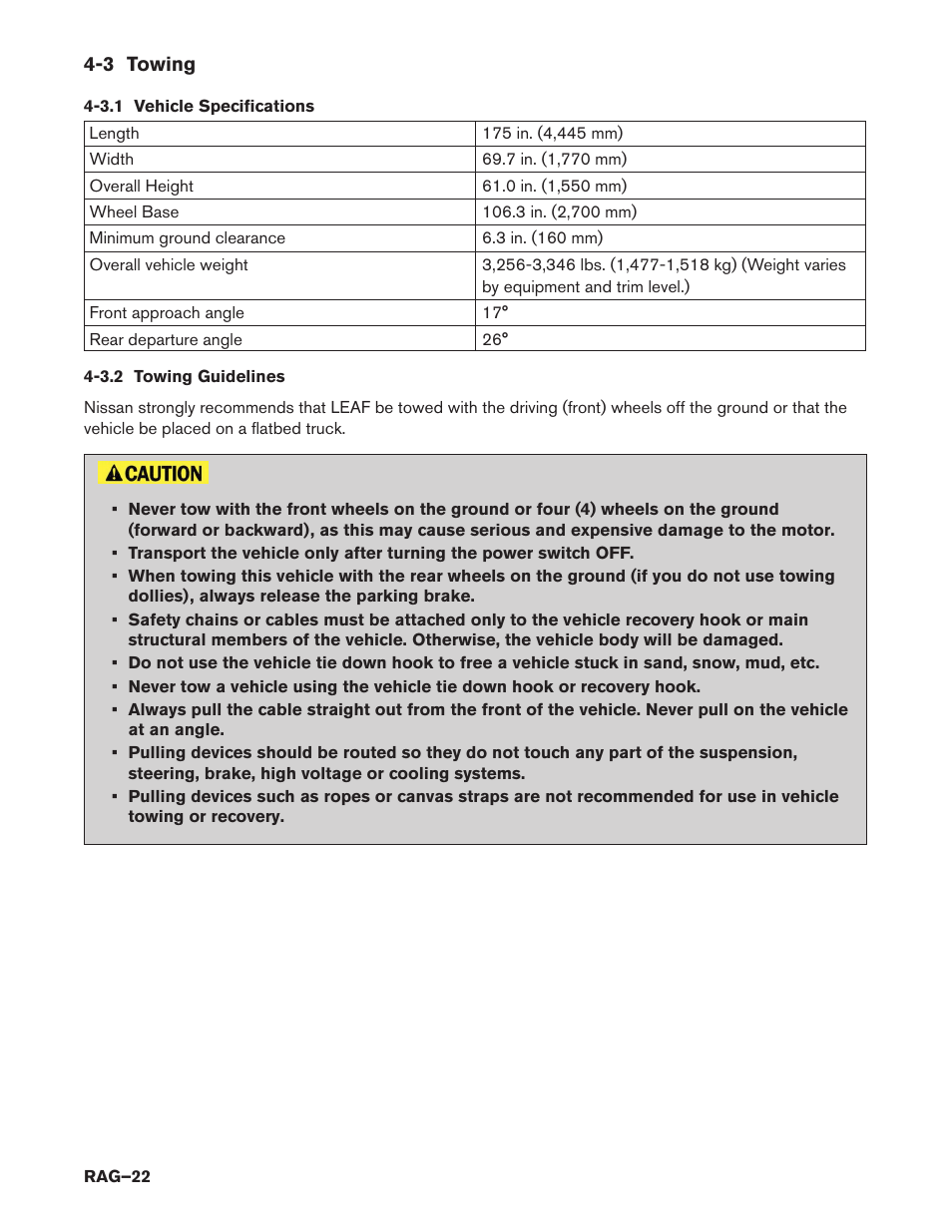 3 towing, 3.1 vehicle specifications, 3.2 towing guidelines | NISSAN 2015 LEAF - Roadside Assistance Guide User Manual | Page 22 / 39