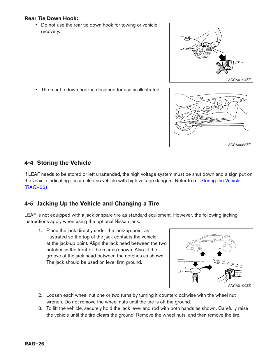 4 storing the vehicle, 5 jacking up the vehicle and changing a tire | NISSAN 2015 LEAF - Roadside Assistance Guide User Manual | Page 26 / 39