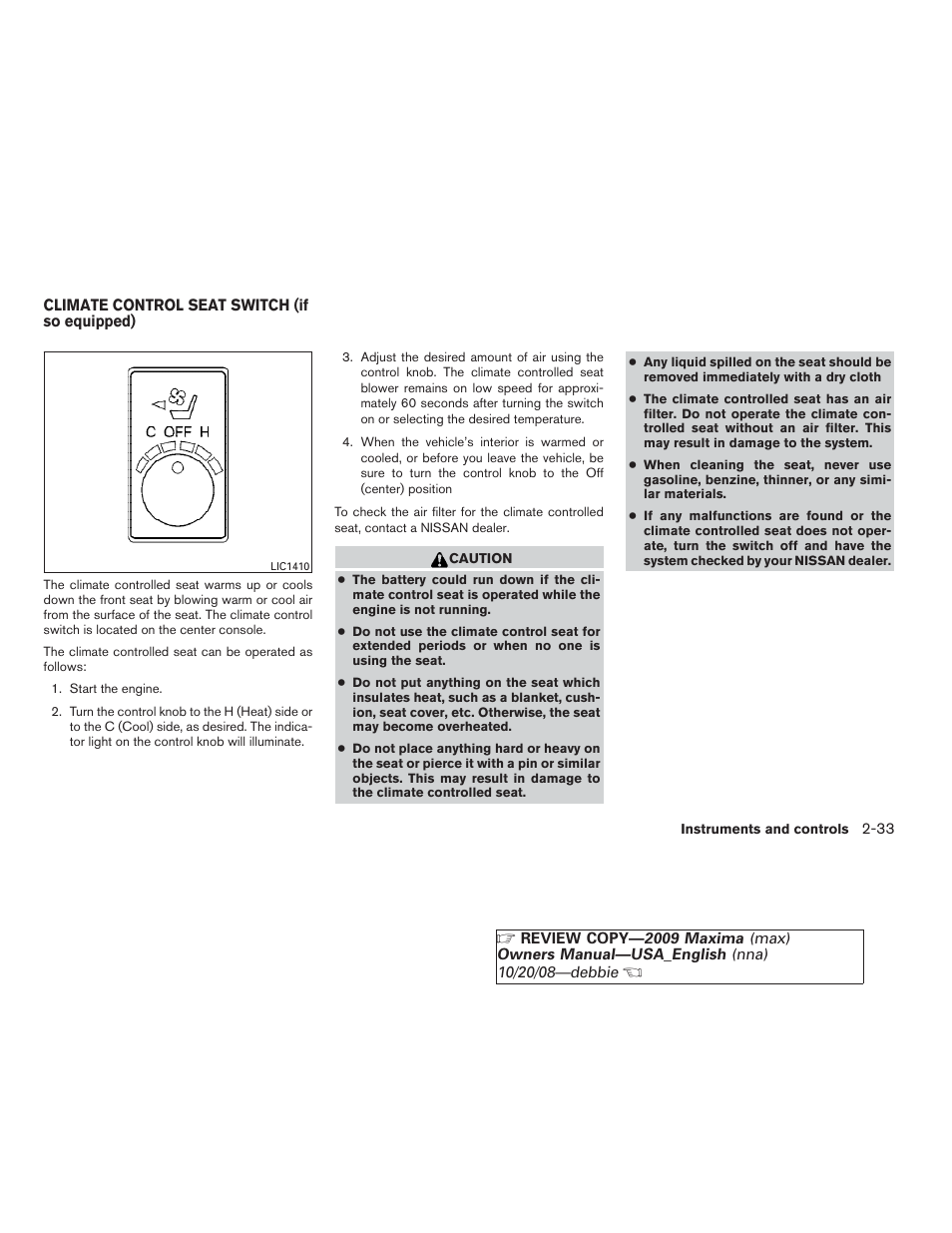 Climate control seat switch (if so equipped) -33 | NISSAN 2009 Maxima - Owner's Manual User Manual | Page 100 / 419