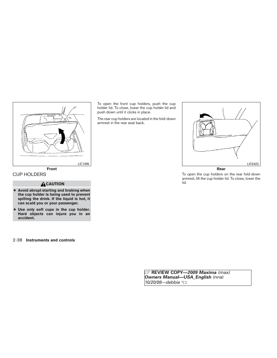 Cup holders -38 | NISSAN 2009 Maxima - Owner's Manual User Manual | Page 105 / 419