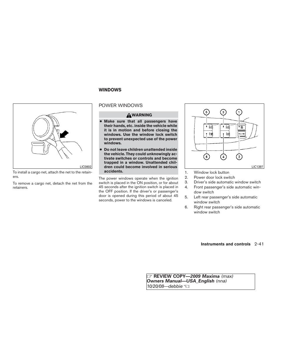 Windows -41, Power windows -41 | NISSAN 2009 Maxima - Owner's Manual User Manual | Page 108 / 419