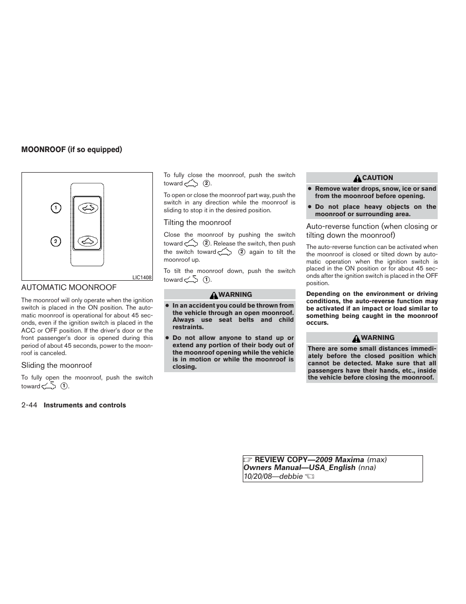 Moonroof (if so equipped) -44, Automatic moonroof -44 | NISSAN 2009 Maxima - Owner's Manual User Manual | Page 111 / 419