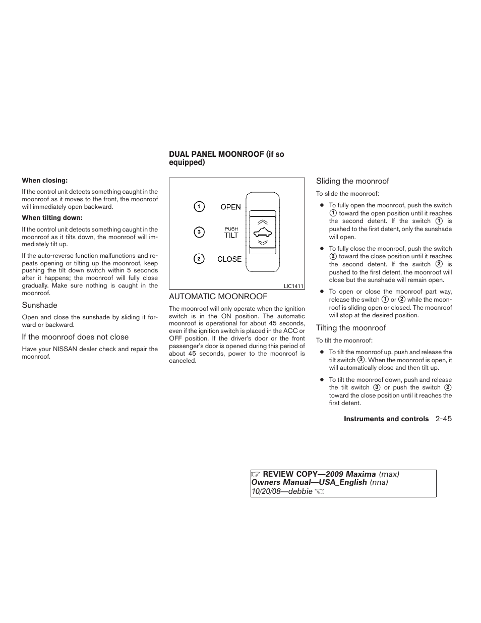 Dual panel moonroof (if so equipped) -45, Automatic moonroof -45 | NISSAN 2009 Maxima - Owner's Manual User Manual | Page 112 / 419