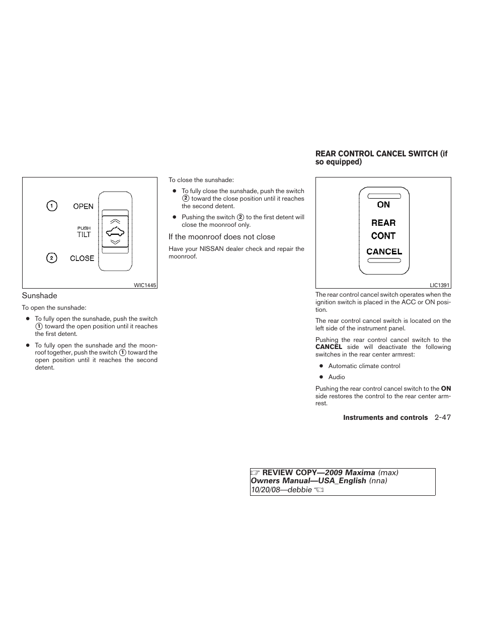 Rear control cancel switch (if so equipped) -47 | NISSAN 2009 Maxima - Owner's Manual User Manual | Page 114 / 419