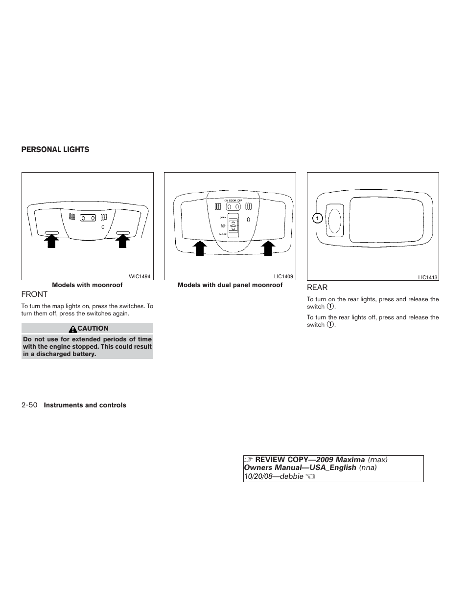 Personal lights -50, Front -50, Rear -50 | NISSAN 2009 Maxima - Owner's Manual User Manual | Page 117 / 419