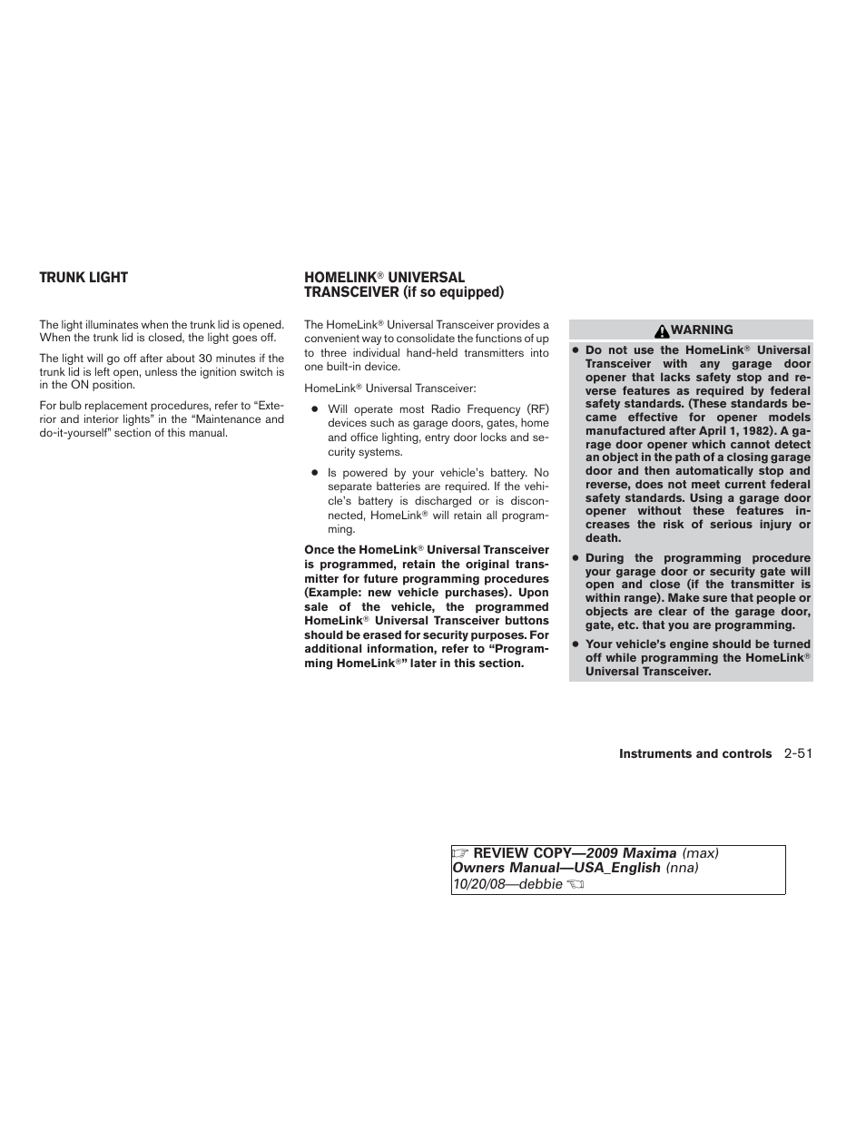 Trunk light -51 homelink, Universal transceiver (if so equipped) -51 | NISSAN 2009 Maxima - Owner's Manual User Manual | Page 118 / 419