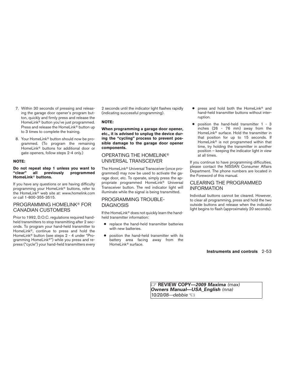 Programming homelink, For canadian, Customers -53 operating the homelink | Universal | NISSAN 2009 Maxima - Owner's Manual User Manual | Page 120 / 419