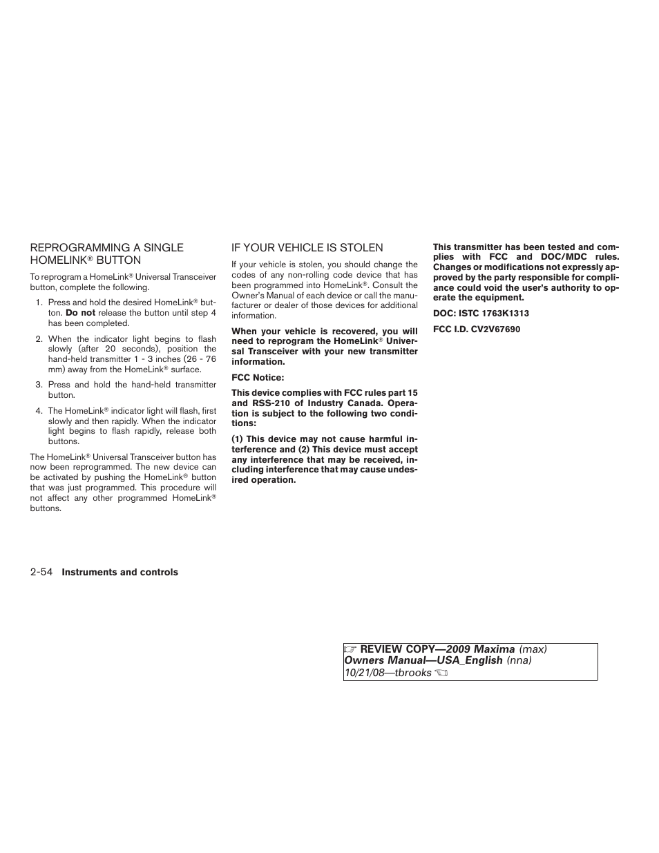 Reprogramming a single homelink, Button -54, If your vehicle is stolen -54 | NISSAN 2009 Maxima - Owner's Manual User Manual | Page 121 / 419