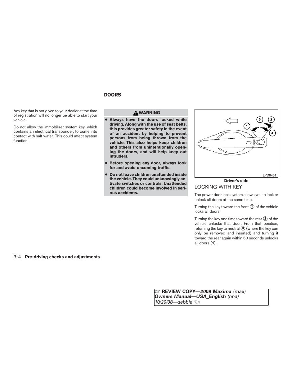 Doors -4, Locking with key -4 | NISSAN 2009 Maxima - Owner's Manual User Manual | Page 125 / 419
