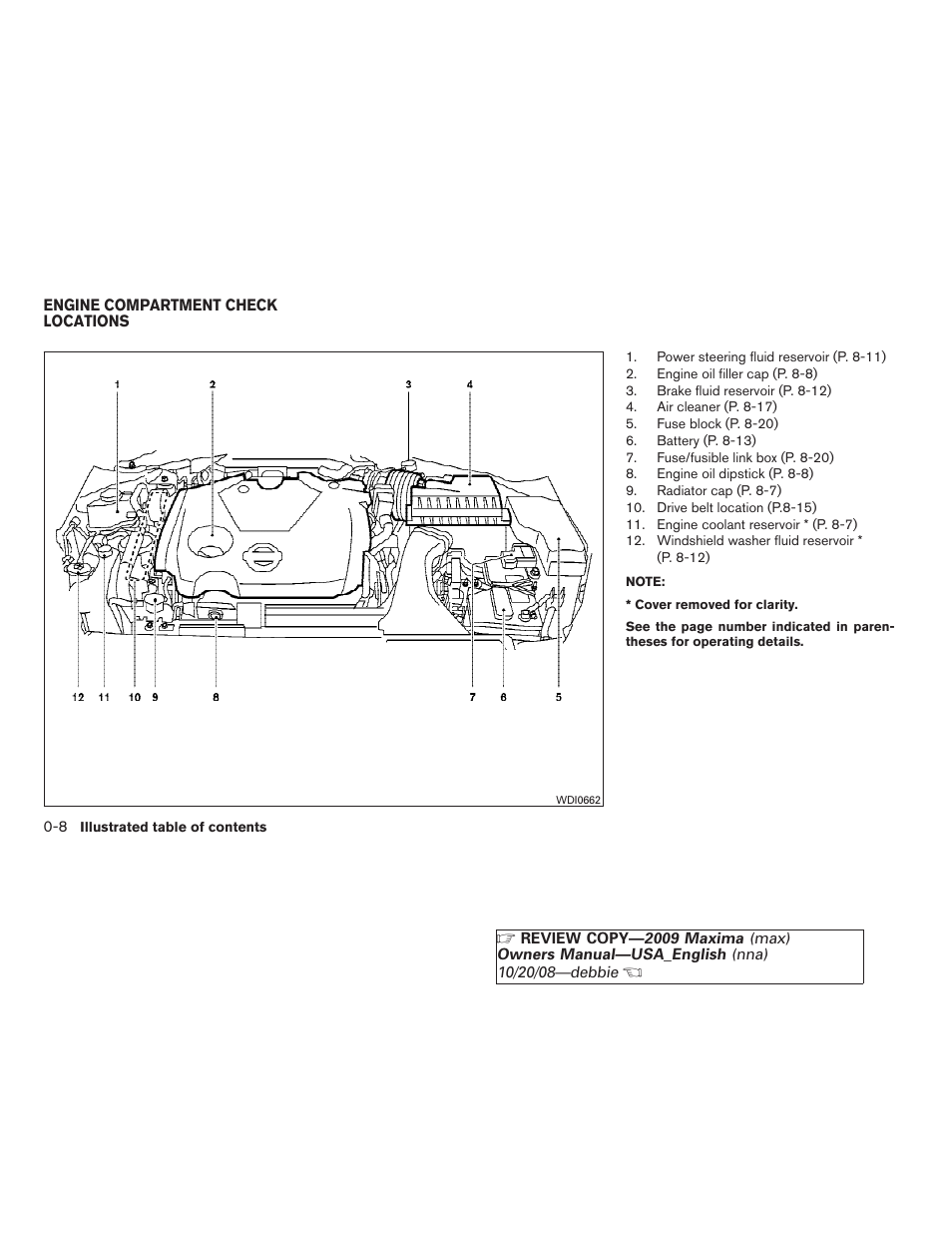 Engine compartment check locations -8 | NISSAN 2009 Maxima - Owner's Manual User Manual | Page 13 / 419