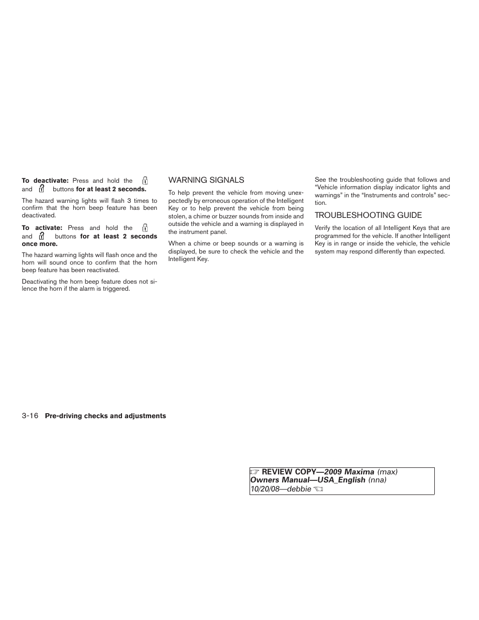 Warning signals -16 troubleshooting guide -16 | NISSAN 2009 Maxima - Owner's Manual User Manual | Page 137 / 419