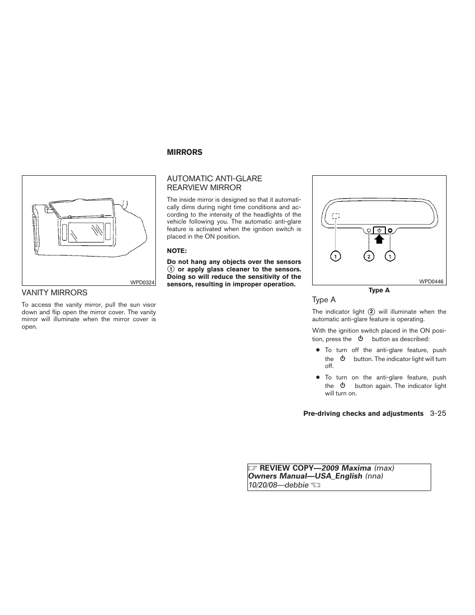 Vanity mirrors -25, Mirrors -25, Automatic anti-glare rearview mirror -25 | NISSAN 2009 Maxima - Owner's Manual User Manual | Page 146 / 419